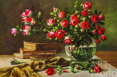 картина масло холст Картина маслом "Натюрморт с садовыми розами и книгами", Камский Савелий, LegacyArt Артворлд.ру