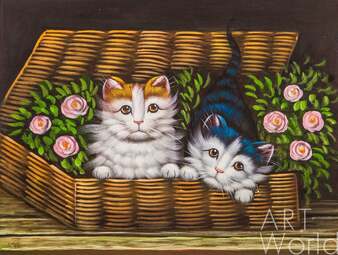 Картина маслом "Котята в корзине N2" Артворлд.ру