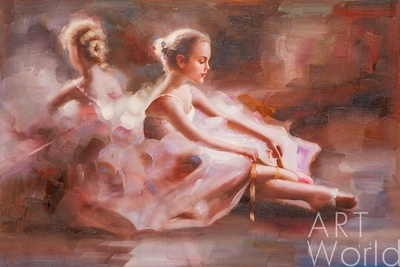 картина масло холст Картина маслом "Маленькая балерина, завязывающая пуанты N2", Картины в интерьер, LegacyArt Артворлд.ру