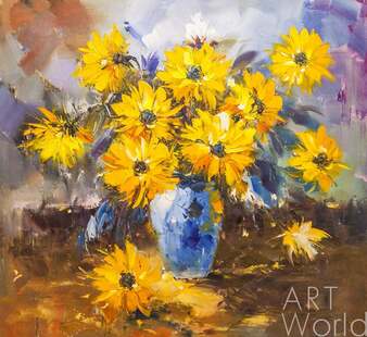 Картина маслом "Букет желтых цветов в синей вазе N2" Артворлд.ру