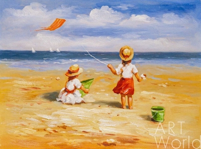 картина масло холст Картина в детскую "Дети на пляже. За бумажным змеем", Потапова Мария Артворлд.ру