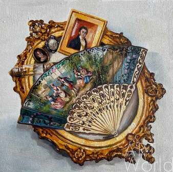 Картина маслом "Веер, флакон духов и портретные миниатюры" Артворлд.ру