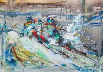 Картина маслом "Два лыжника. Вырываясь вперед" Артворлд.ру