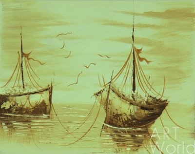 картина масло холст Лодки (сепия), Потапова Мария Артворлд.ру