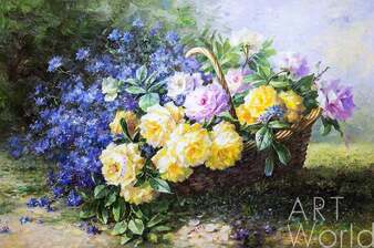 Картина маслом "Натюрморт с желтыми розами в корзине" Артворлд.ру