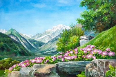 картина масло холст Летний пейзаж маслом "Цветы и горы, горы и цветы N2", Ромм Александр, LegacyArt Артворлд.ру