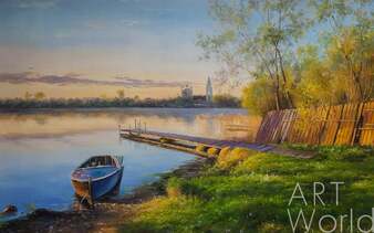 Летний пейзаж маслом "На реке у мостков на закате" Артворлд.ру