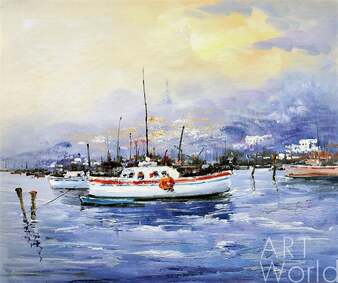 Пейзаж морской маслом "Лодки на фоне города. Белое и красное N2" Артворлд.ру