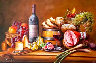 Картина маслом "Натюрморт с сыром, вином, мясом и фруктами" Артворлд.ру