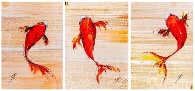 картина масло холст Картина маслом "Три карпа Кои на удачу" Триптих, Родригес Хосе, LegacyArt Артворлд.ру