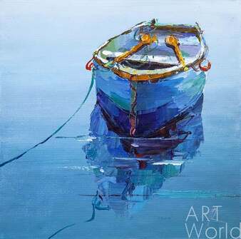 Картина маслом "Синяя лодка в дымке морской" Артворлд.ру