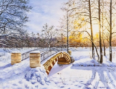 картина масло холст Картина маслом "Заснеженный мостик в парке", Камский Савелий, LegacyArt Артворлд.ру