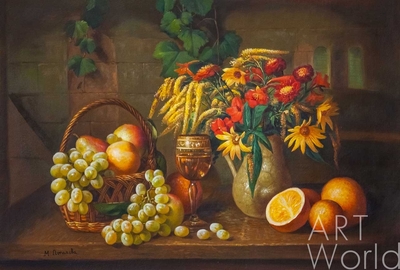 картина масло холст Картина маслом "Натюрморт с осенними цветами, виноградом и апельсинами", Потапова Мария Артворлд.ру