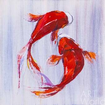 Картина маслом "Карпы Кои. Японская золотая рыбка на удачу N5"  Артворлд.ру