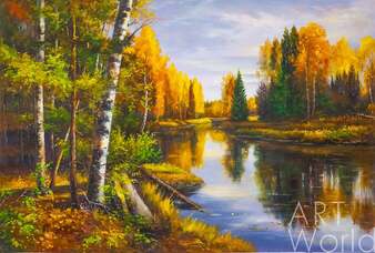 Пейзаж маслом "Осенним днем у реки" Артворлд.ру