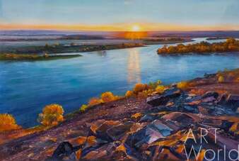 Пейзаж маслом "Встречая рассвет на берегу реки" Артворлд.ру