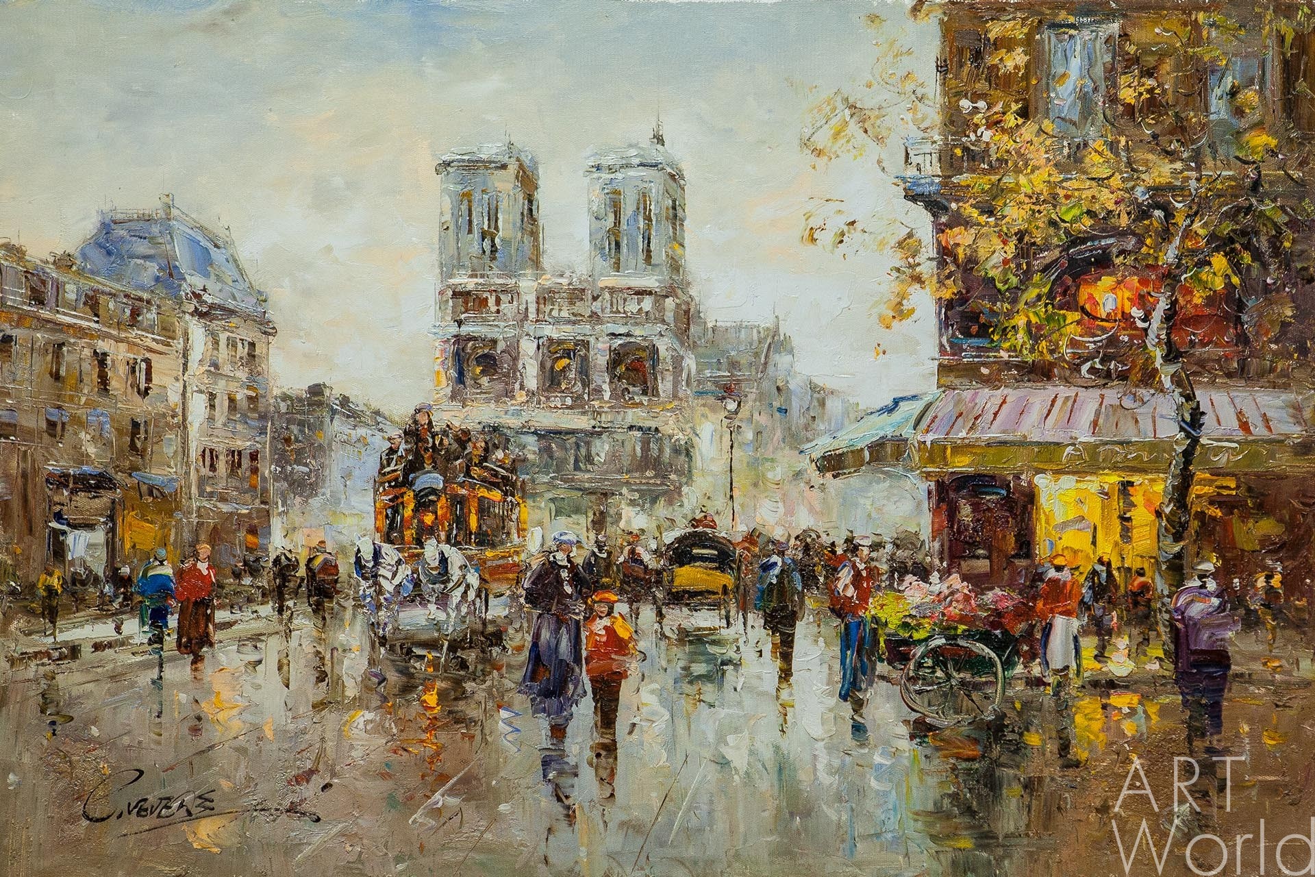 картина масло холст Пейзаж Парижа Антуана Бланшара "Place Saint Michel Notre Dame (копия Кристины Виверс) , Бланшар Антуан (A. Blanchard)