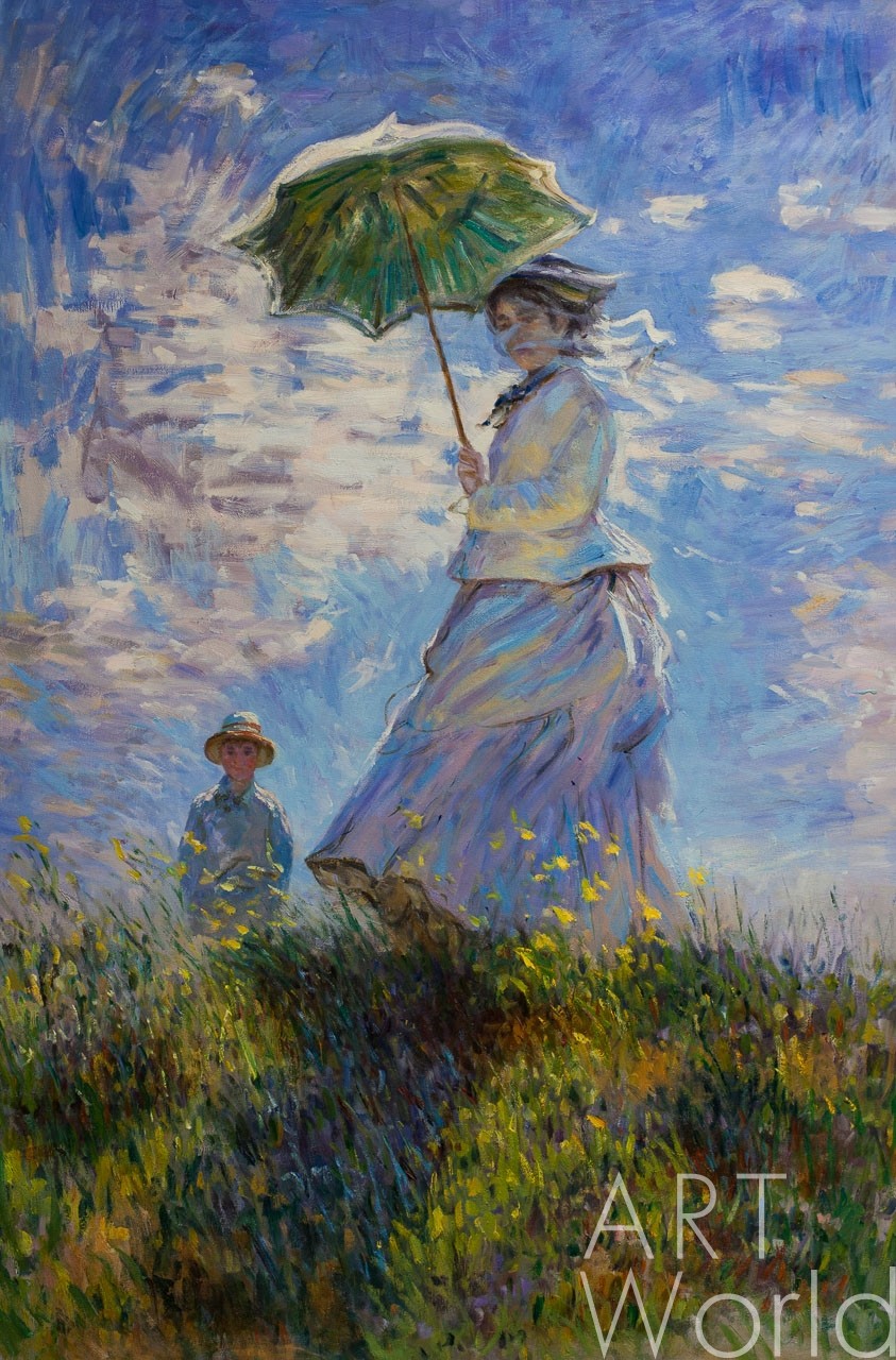 картина масло холст Копия картины Клода Моне "Дама с зонтиком", 1875 г. (худ. Савелия Камского), Моне Клод (Oscar-Claude Monet) Артворлд.ру