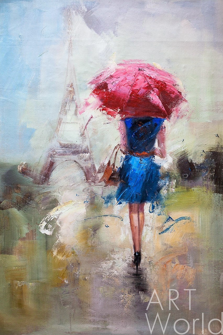 картина масло холст Картина маслом "Девушка под красным зонтом на фоне Эйфелевой башни", Камский Савелий, LegacyArt Артворлд.ру