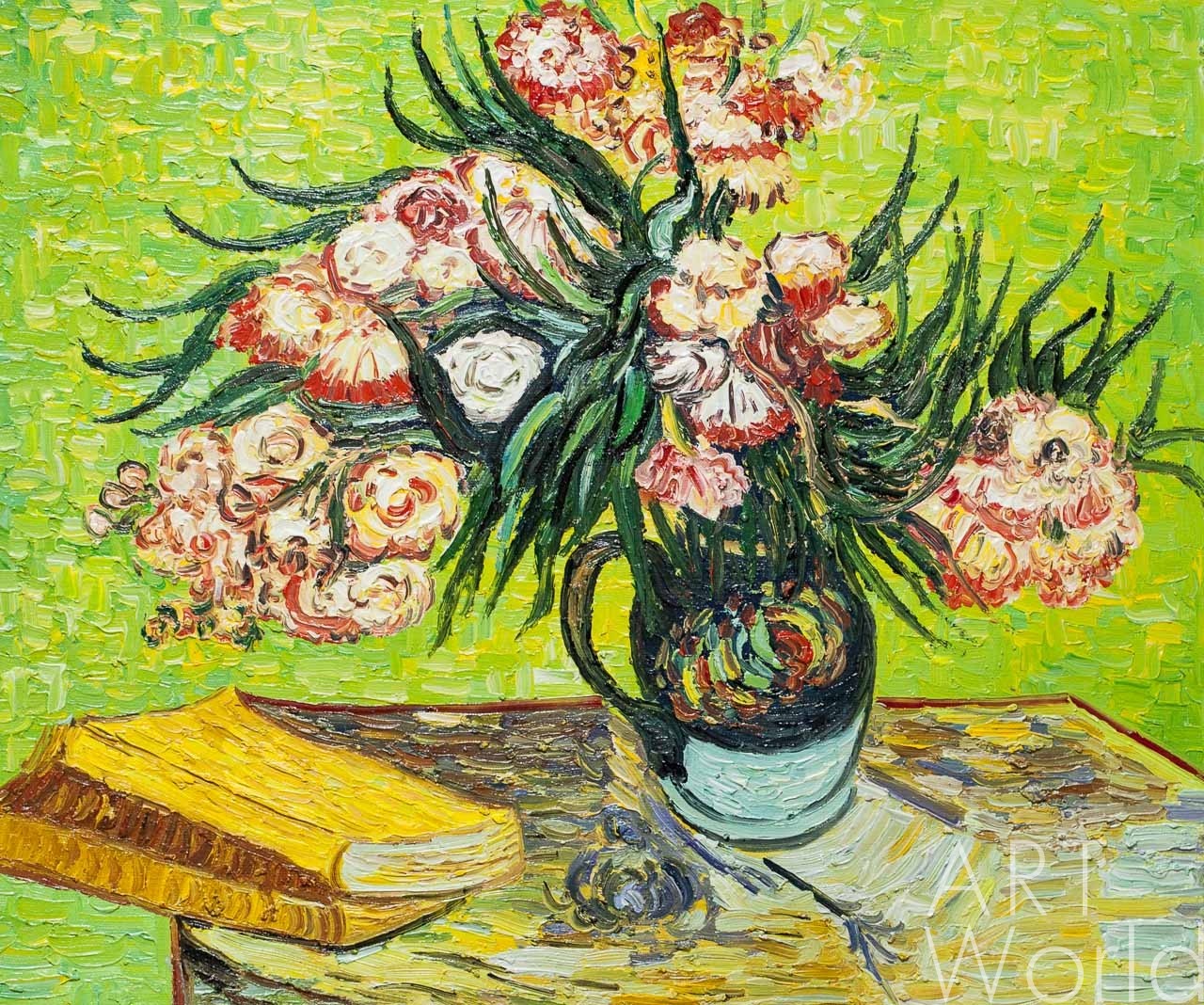 картина масло холст Копия картины Ван Гога "Натюрморт: ваза с олеандрами и книгами"  (копия Анджея Влодарчика), Ван Гог (Vincent van Gogh) Артворлд.ру