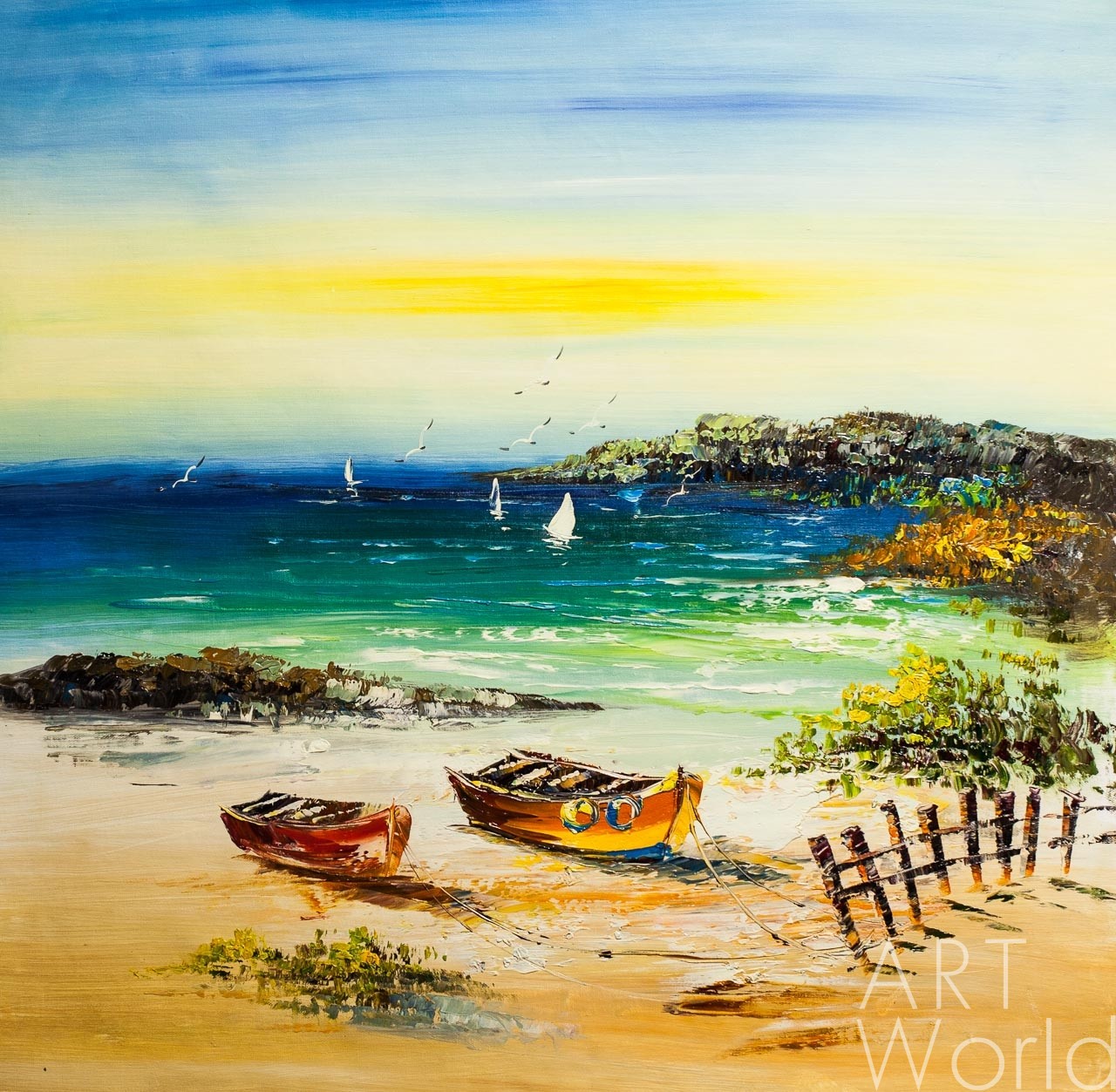 картина масло холст Морской пейзаж маслом "Лодки на берегу", Картины в интерьер, LegacyArt
