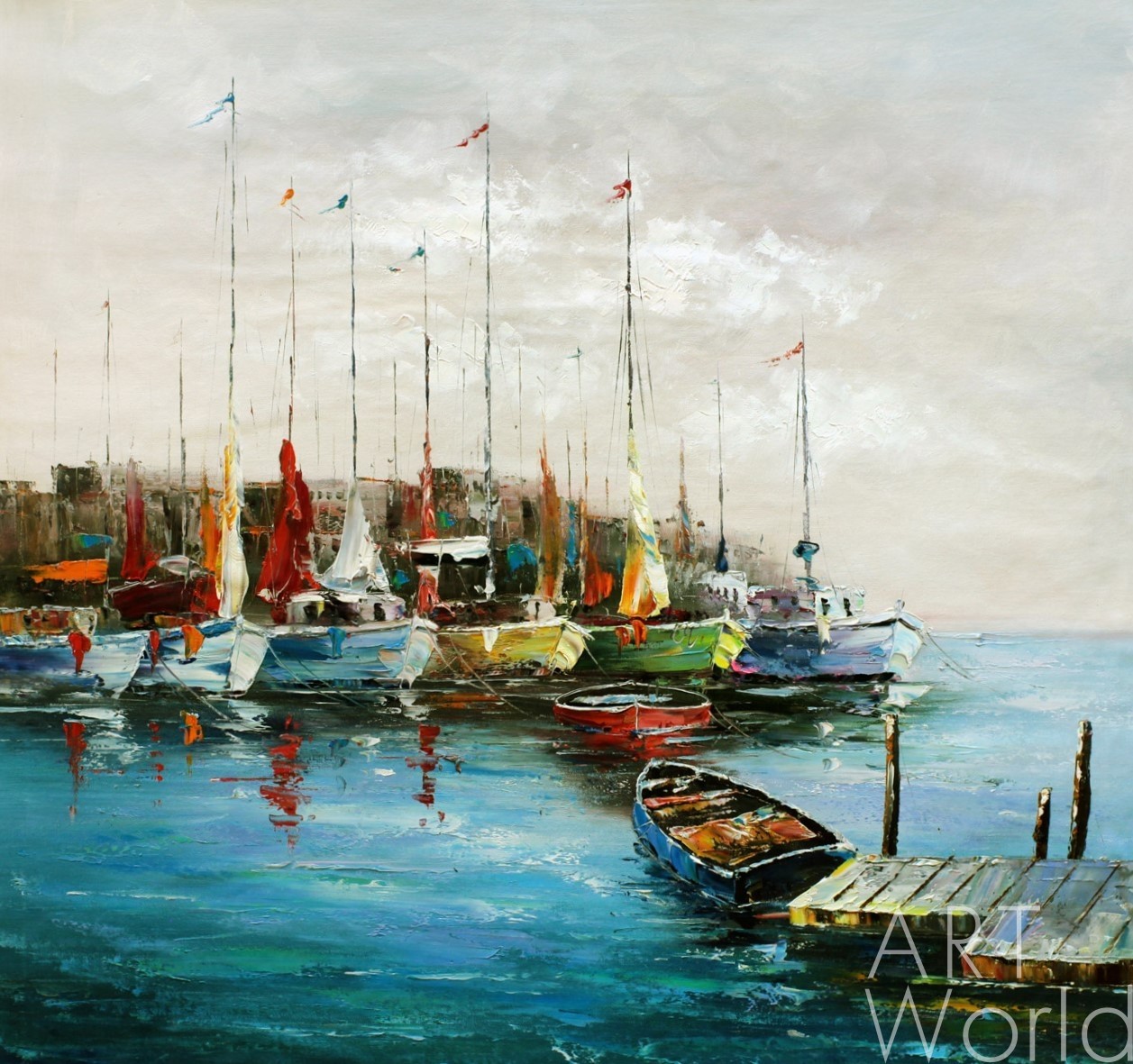 картина масло холст Морской пейзаж маслом "Лодки на фоне города", Картины в интерьер, LegacyArt