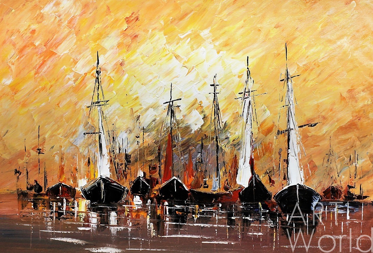 картина масло холст Морской пейзаж маслом "Лодки на фоне заката", Студия Vevers & Kamsky Артворлд.ру