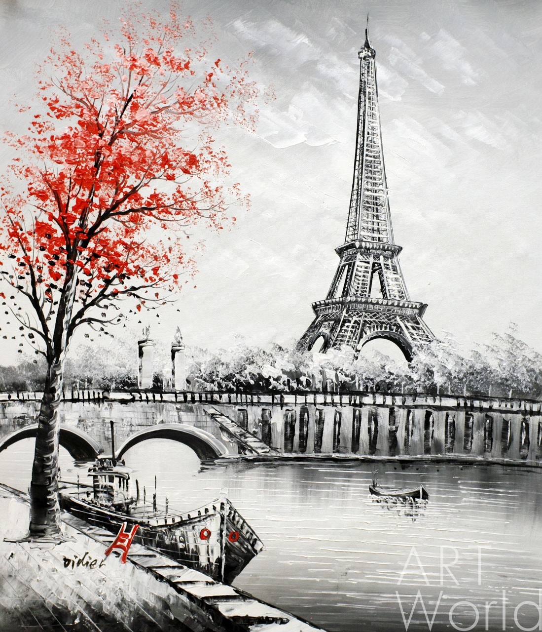 картина масло холст Пейзаж маслом "Париж. Вид на Эйфелеву башню через Сену. Красно-черная версия N4", Картины в интерьер, LegacyArt