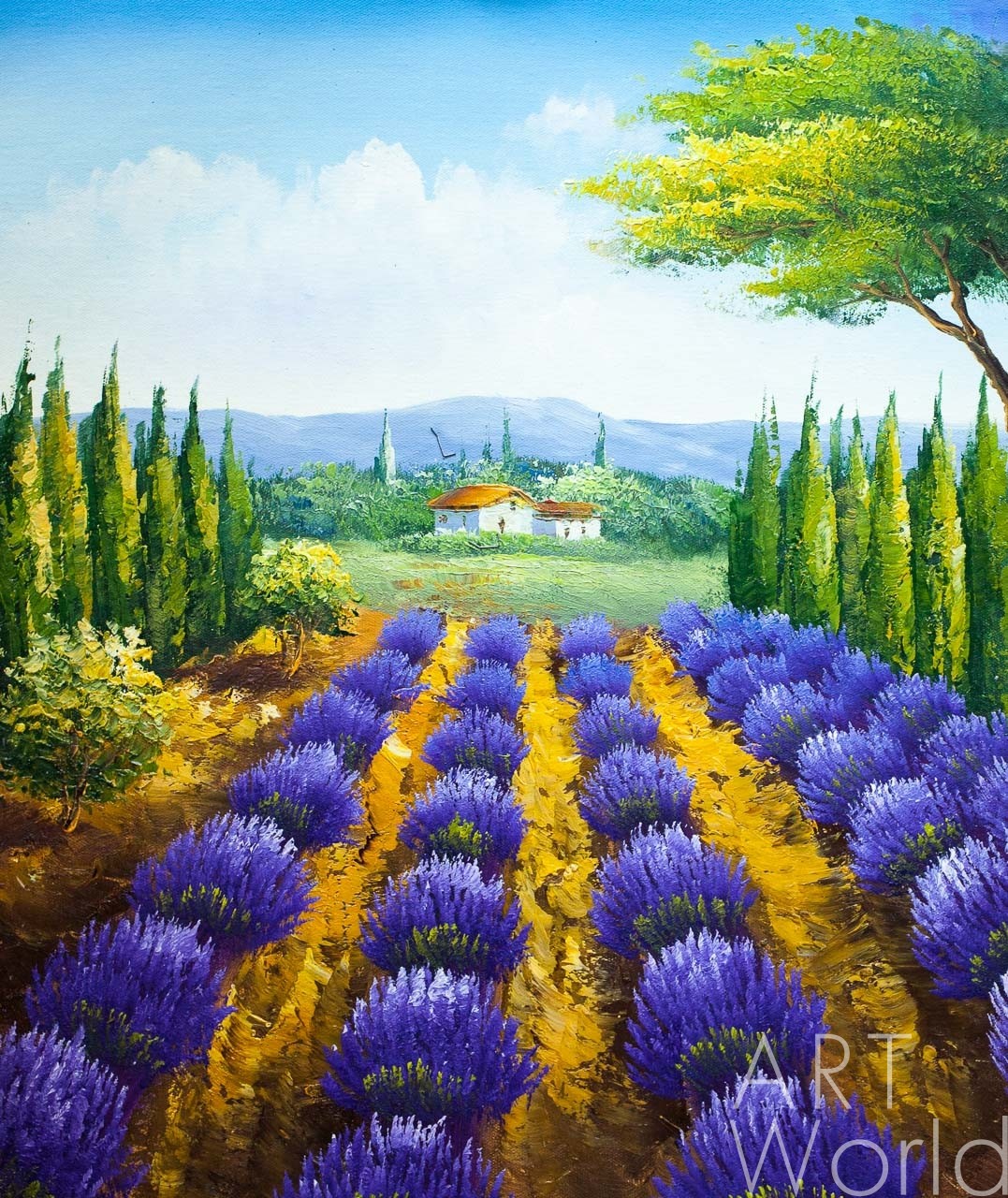 картина масло холст Пейзаж маслом "Лавандовые поля на фоне гор N3", Картины в интерьер, LegacyArt