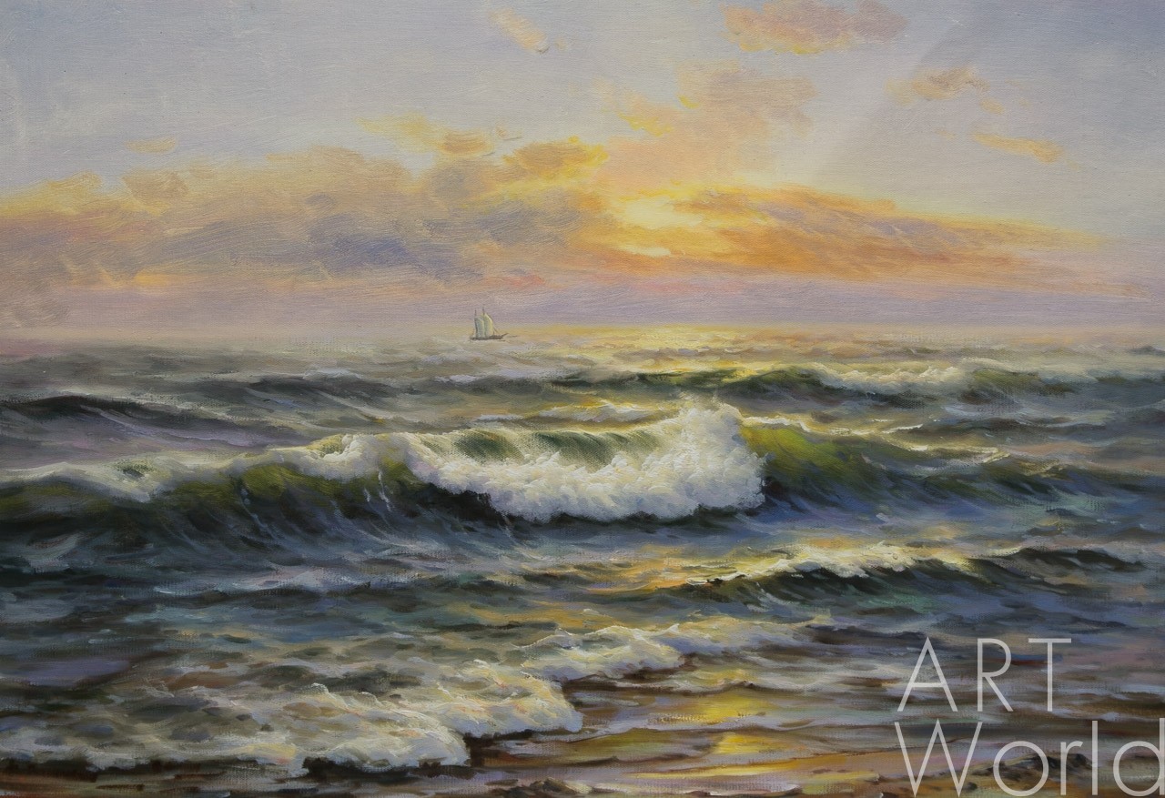 картина масло холст Морской пейзаж маслом "Корабль на горизонте на фоне заката", Лагно Дарья, LegacyArt Артворлд.ру