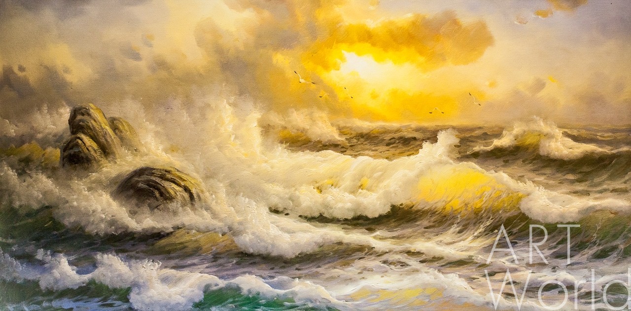 картина масло холст Морской пейзаж маслом "Волны. Закат над морем", Лагно Дарья, LegacyArt