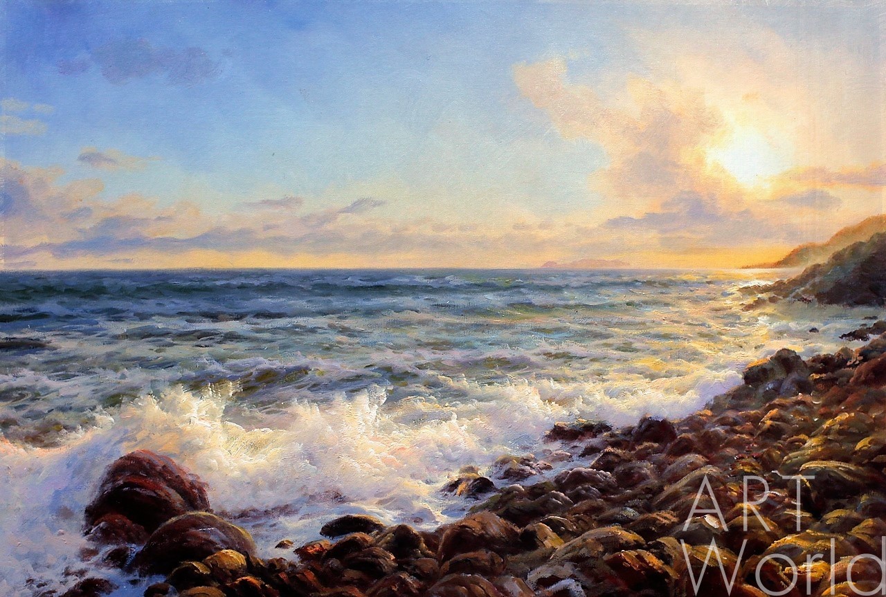 картина масло холст Морской пейзаж «Прибрежные волны. Закат», Лагно Дарья, LegacyArt Артворлд.ру