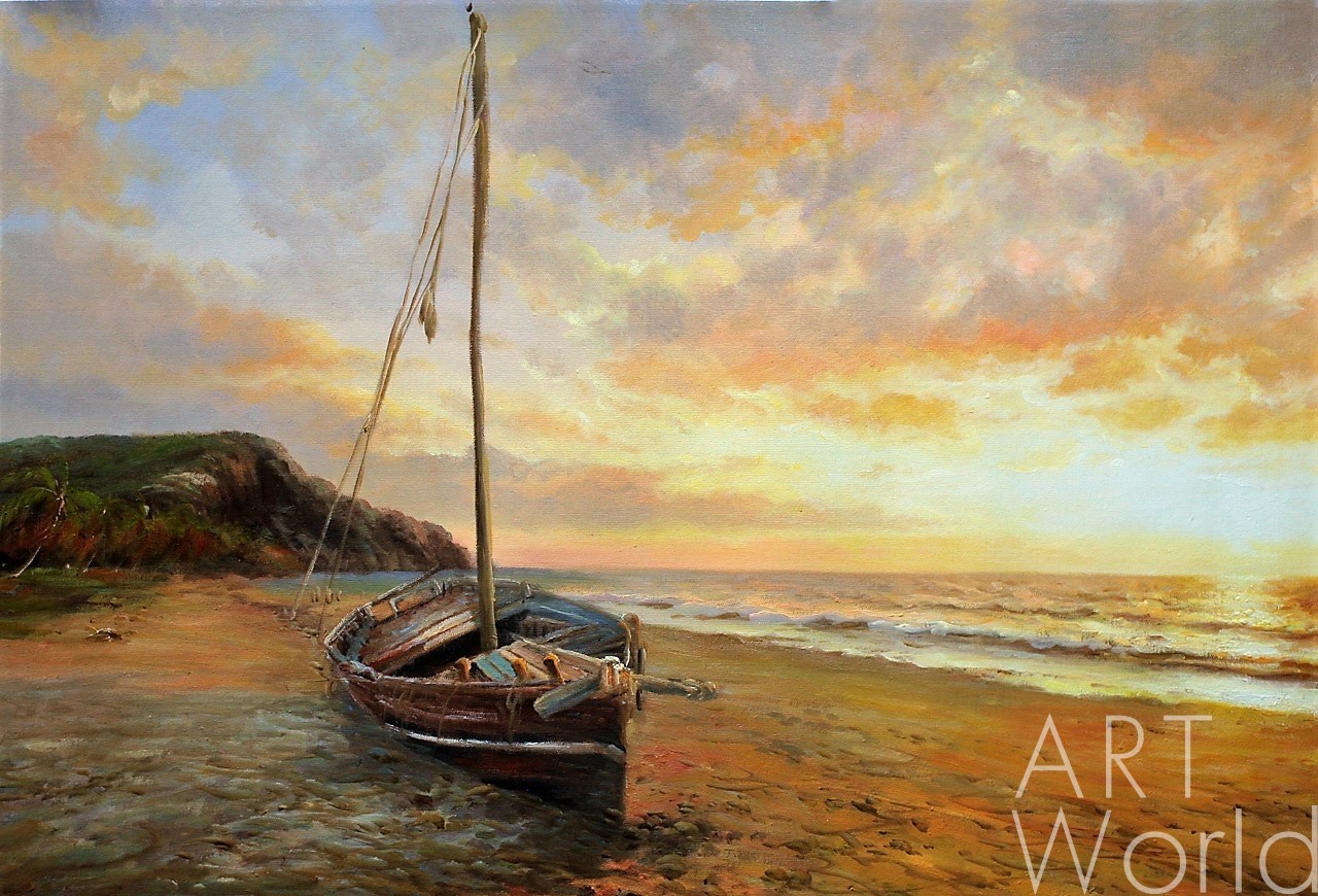 картина масло холст Морской пейзаж с лодкой «Закат на райском острове», Лагно Дарья, LegacyArt Артворлд.ру