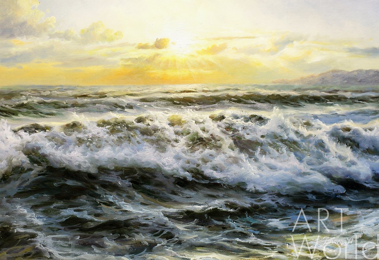 картина масло холст Морской пейзаж «Закатное солнце над волнами», Лагно Дарья, LegacyArt