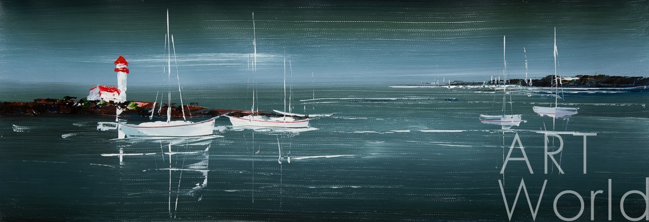 картина масло холст Морской пейзаж маслом "Лодки у маяка N2", Родригес Хосе, LegacyArt Артворлд.ру