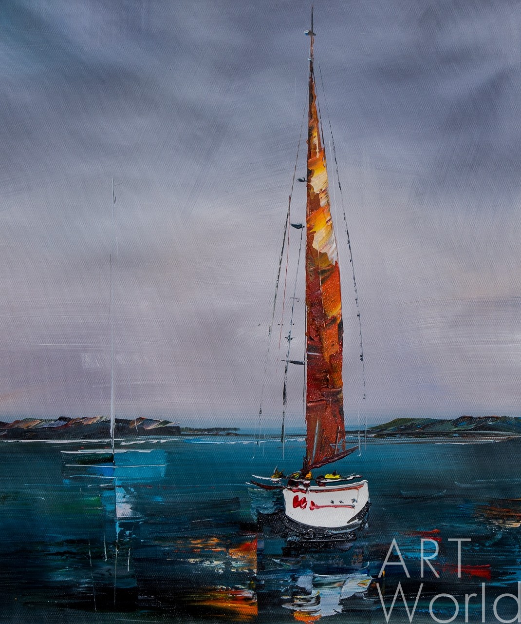 картина масло холст Морской пейзаж маслом "Яхтинг. Красный парус в вечернем море", Родригес Хосе, LegacyArt