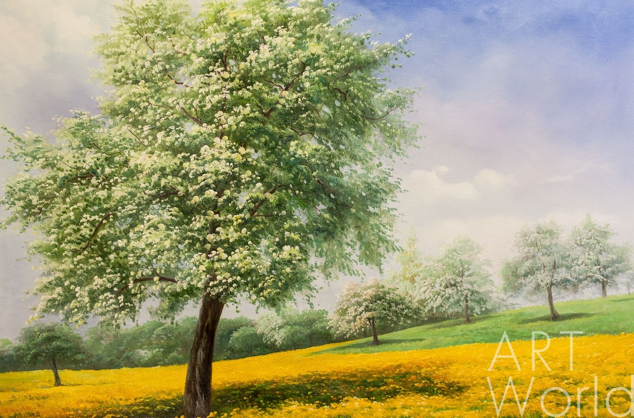 картина масло холст Пейзаж маслом "Яблоневый цвет, весенний цвет", Ромм Александр, LegacyArt Артворлд.ру