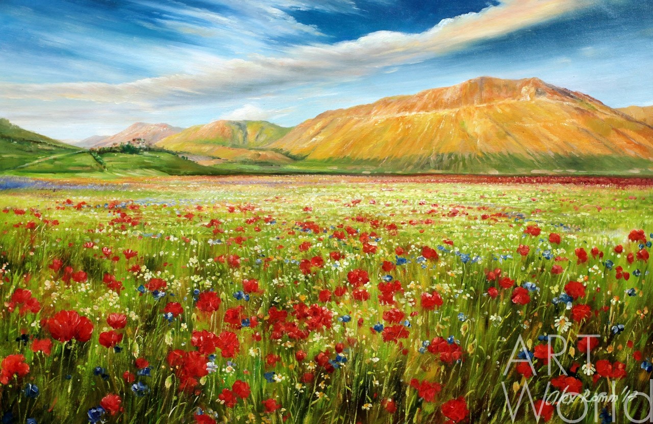 картина масло холст Летний пейзаж маслом "Маки на фоне гор N1", Ромм Александр, LegacyArt Артворлд.ру