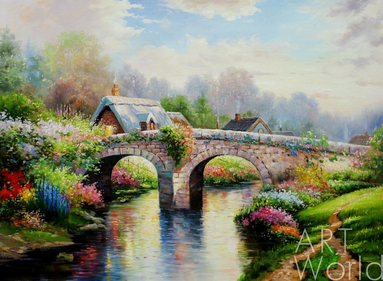 картина масло холст Копия картины Томаса Кинкейда  "Мост в цветах (Blossom Bridge)", худ. А.Ромм, Кинкейд Томас (Th. Kinkade) Артворлд.ру