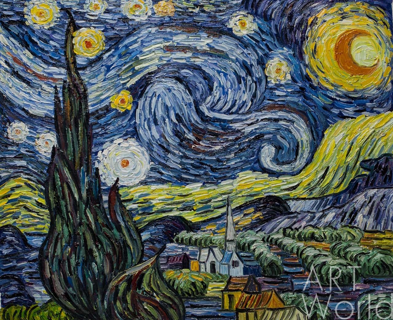 картина масло холст Копия картины Ван Гога "Звездная ночь" (копия Анджея Влодарчика), Ван Гог (Vincent van Gogh) Артворлд.ру