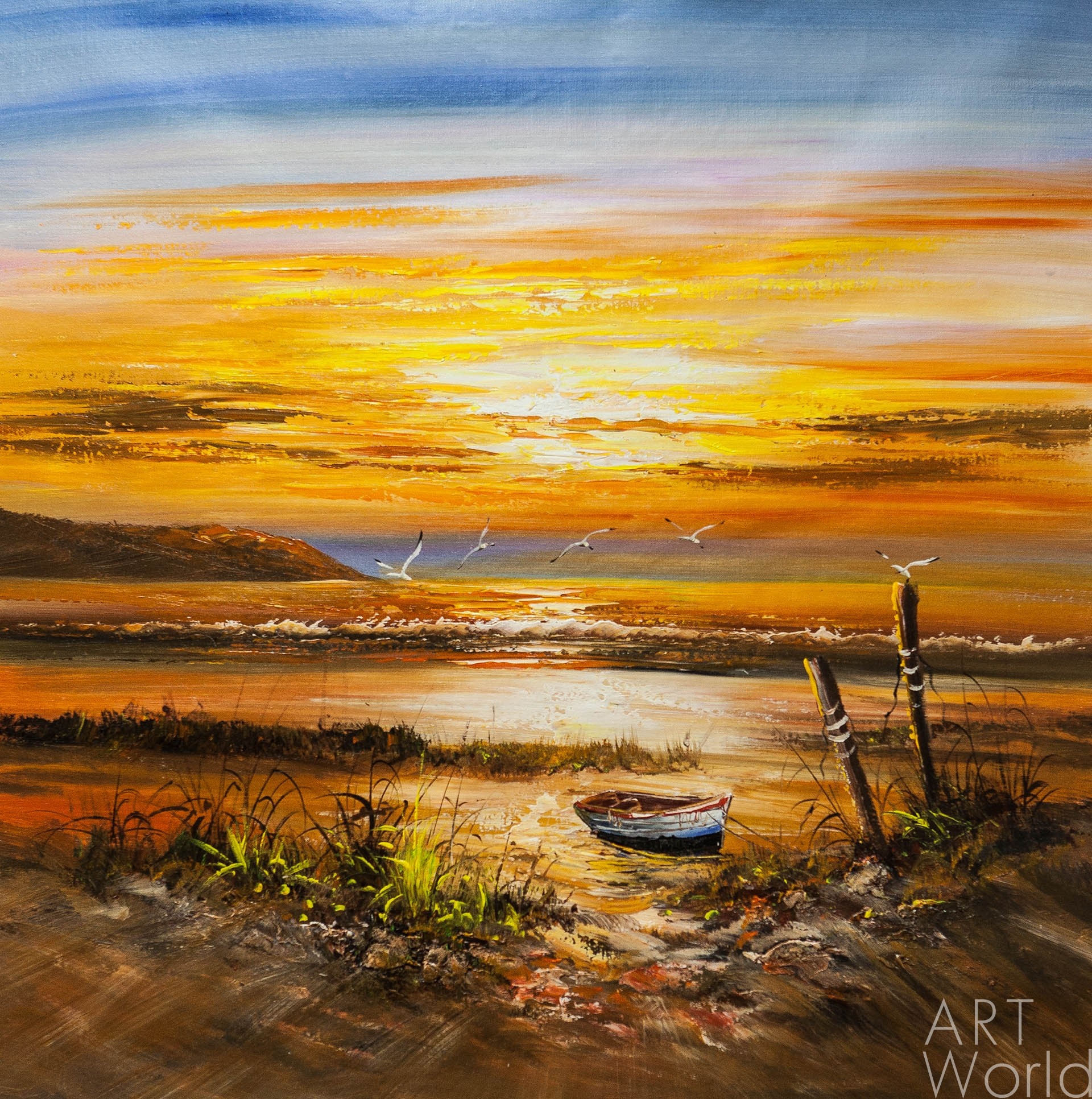картина масло холст Картина маслом "Лодка на берегу на фоне красного заката", Виверс Кристина, LegacyArt Артворлд.ру