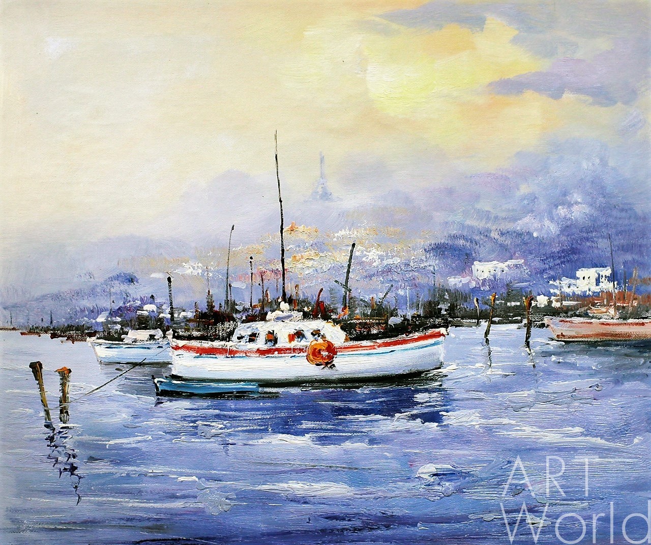 картина масло холст Пейзаж морской маслом "Лодки на фоне города. Белое и красное N2", Виверс Кристина, LegacyArt