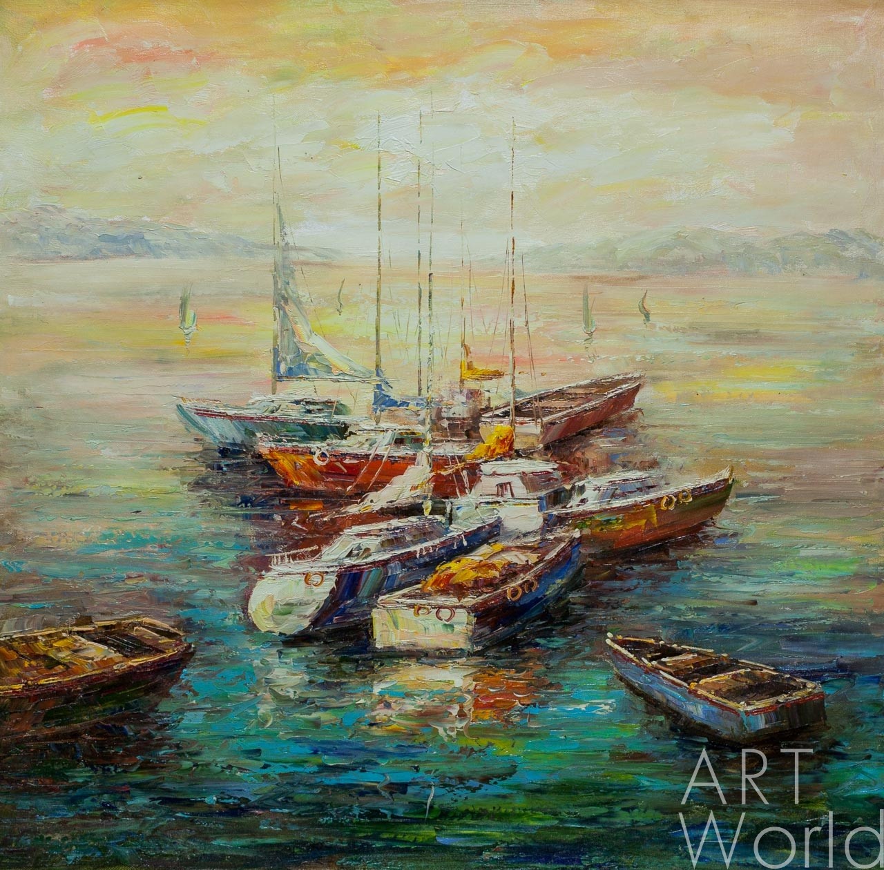 картина масло холст Пейзаж морской маслом "Лодки в закатном заливе N2", Виверс Кристина, LegacyArt Артворлд.ру