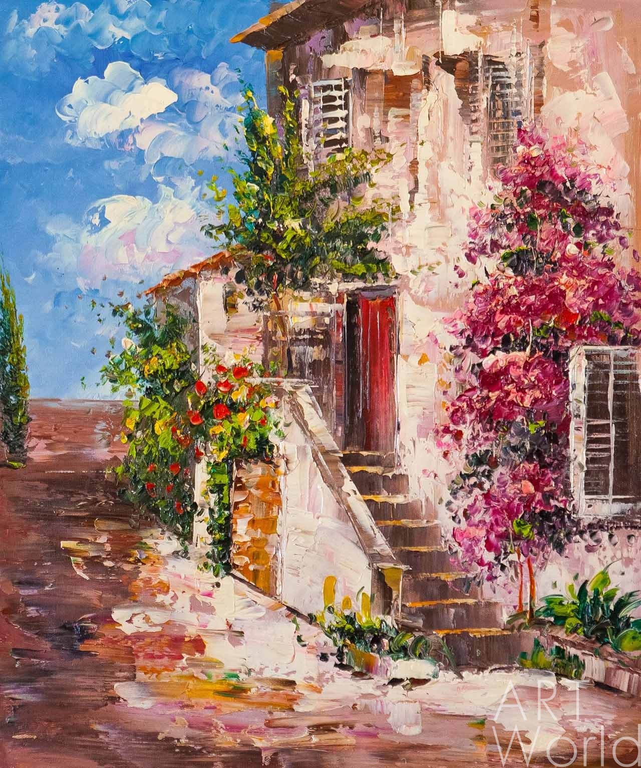 картина масло холст Средиземноморский пейзаж маслом "Цветущий дворик N2", Гомеш Лия, LegacyArt