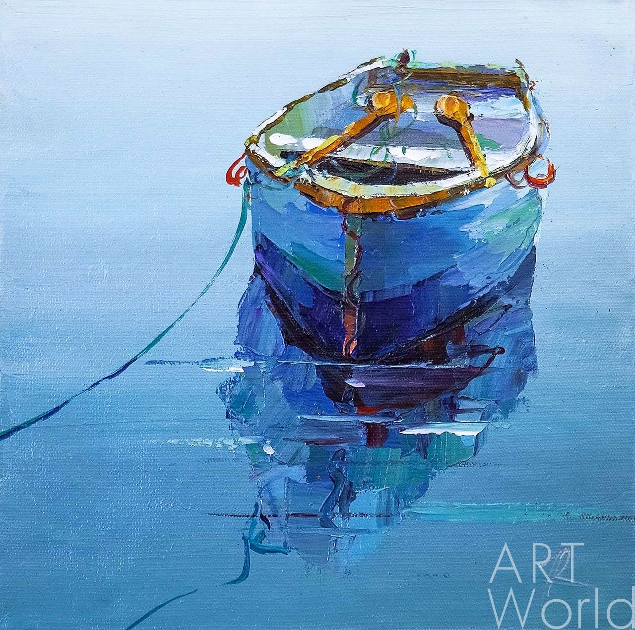 картина масло холст Картина маслом "Синяя лодка в дымке морской", Родригес Хосе, LegacyArt Артворлд.ру
