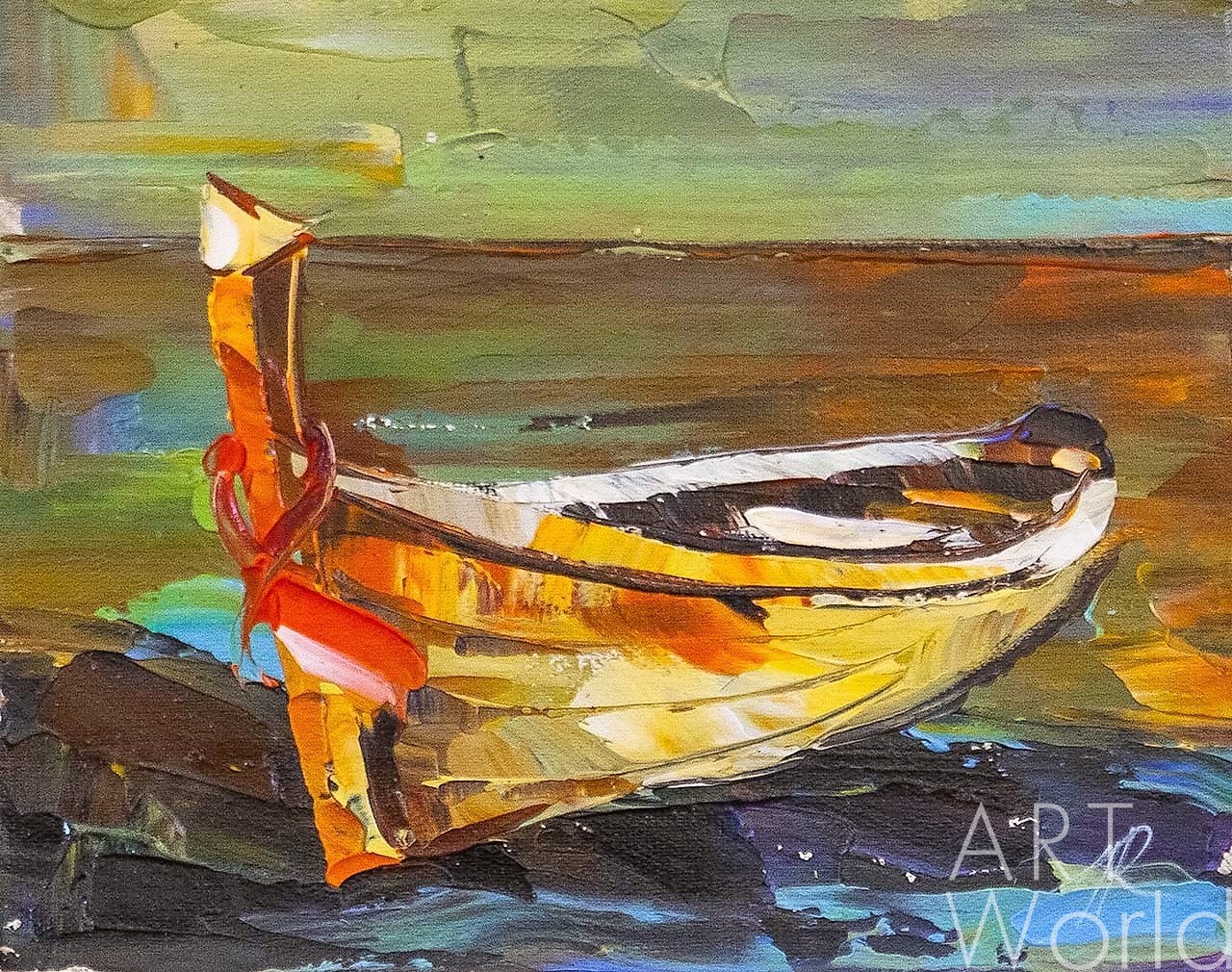 картина масло холст Картина маслом "Желтая лодка на берегу N2", Родригес Хосе, LegacyArt Артворлд.ру