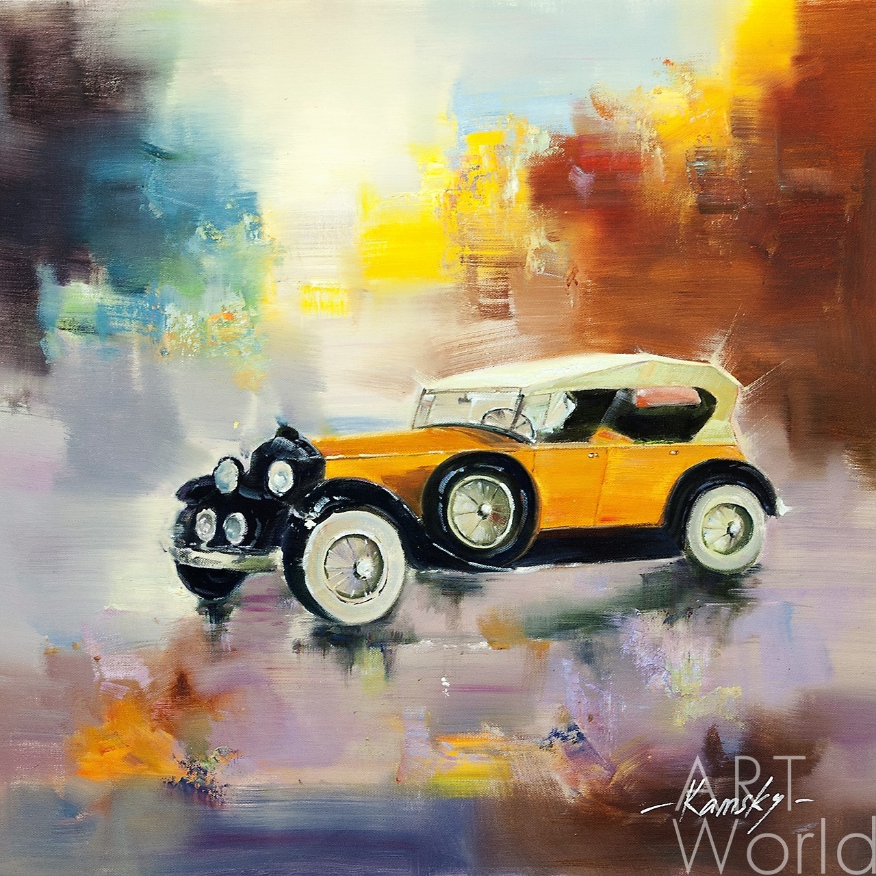 картина масло холст Картина маслом "Ретро-автомобиль на фоне города N2", Камский Савелий, LegacyArt
