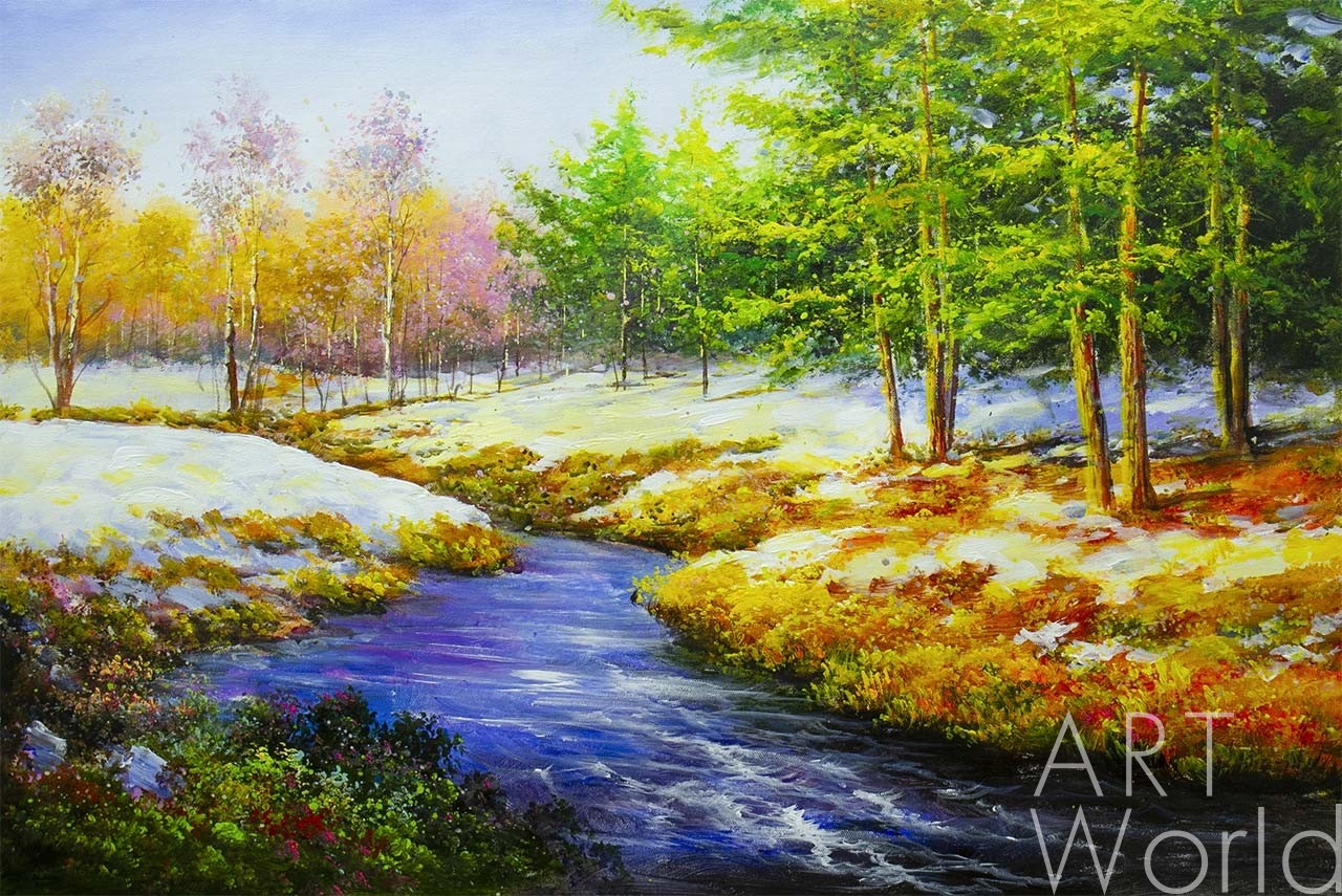 Картина Пейзаж маслом Ранней весной в лесу 60x90 KI200102 купить в Москве