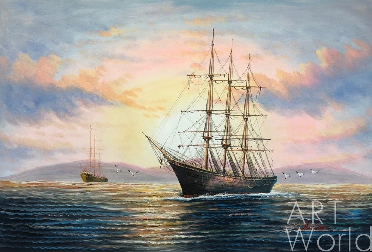 картина маслом корабль в море