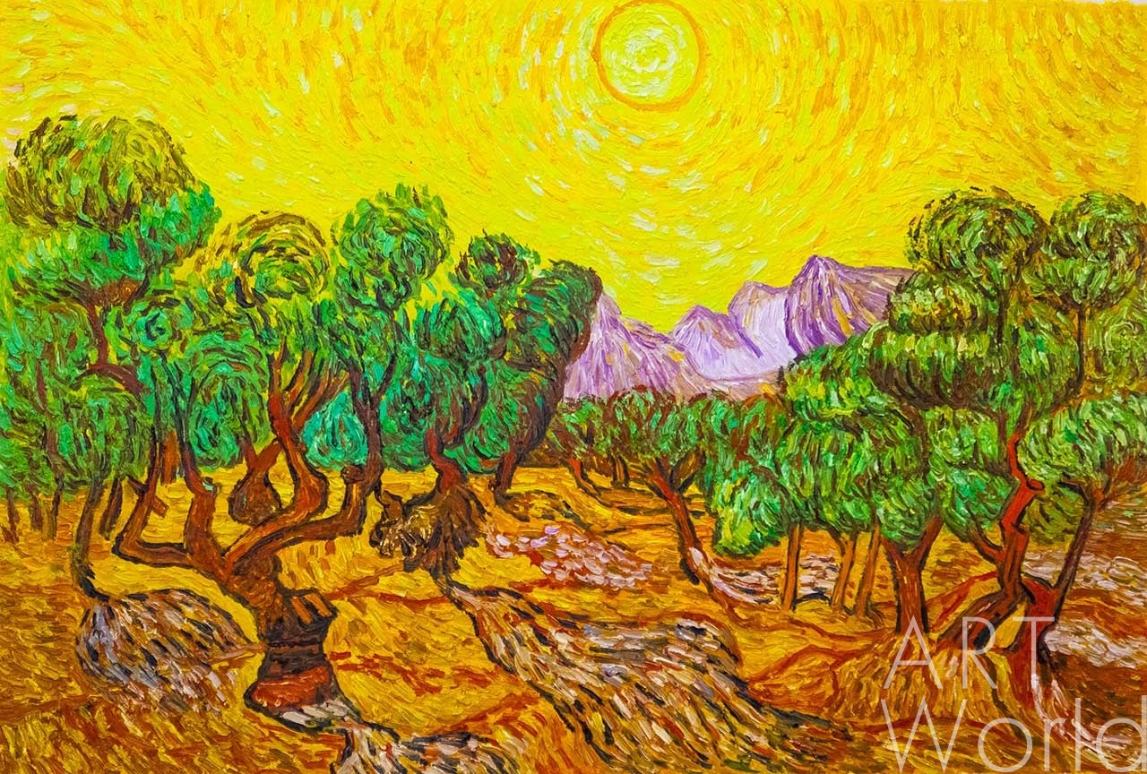 картина масло холст Копия картины Ван Гога "Оливковые деревья с желтым небом и солнцем", 1889 г. (копия Анджея Влодарчика), Ван Гог (Vincent van Gogh) Артворлд.ру